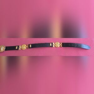 Harrods Black and Gold Leather Belt with Decorative Hardware